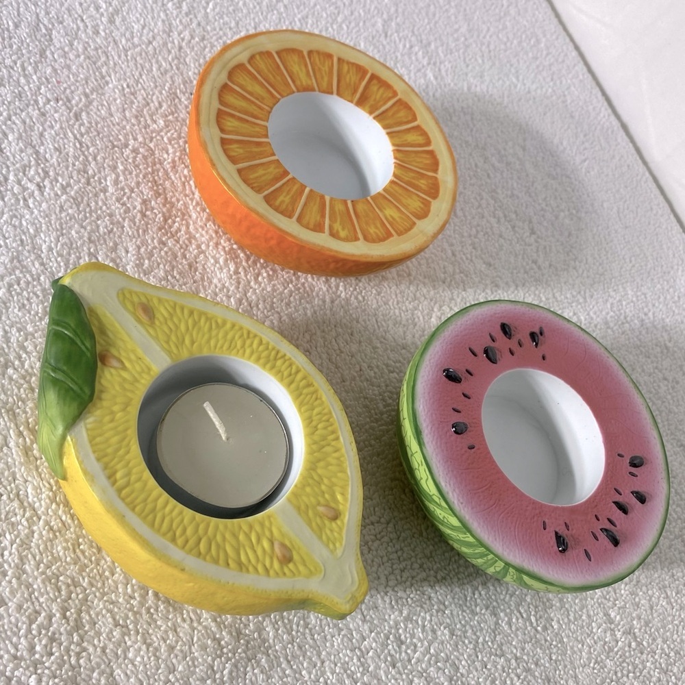 Vintage Party Lite Ceramic Fruits Tea Light Holders Candle Holders x3